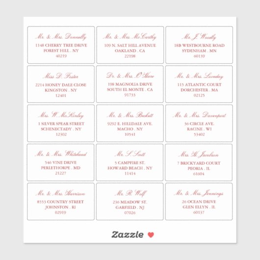 Elegant rood en wit bruiloft individueel adres sticker (Vel)