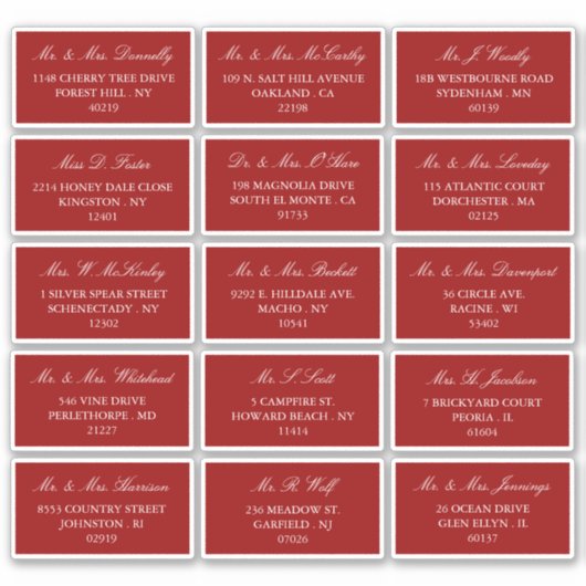 Elegant rood en wit bruiloft individueel adres sticker (Voorkant)