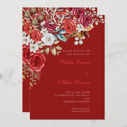 Elegant Rood en Wit Rozen Scarlet Rood Bruiloft Kaart (Voorkant / Achterkant)