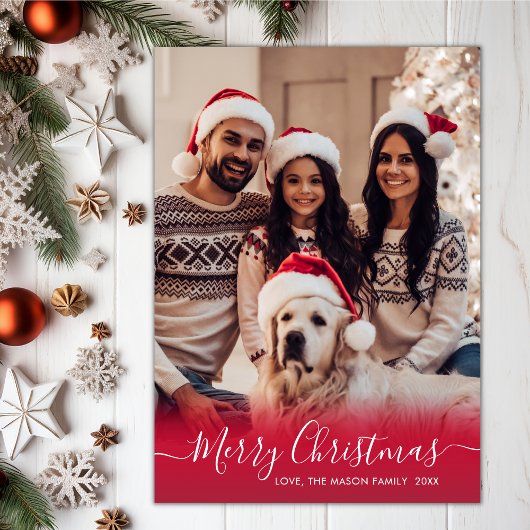 Elegant rood en wit script 2 foto kerst feestdagenkaart