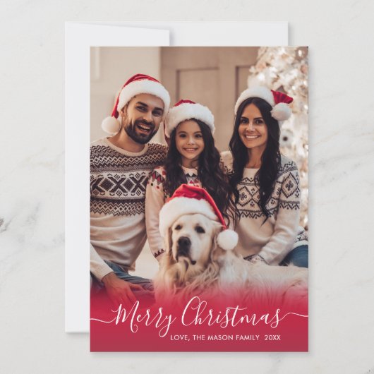 Elegant rood en wit script 2 foto kerst feestdagenkaart (Voorkant)