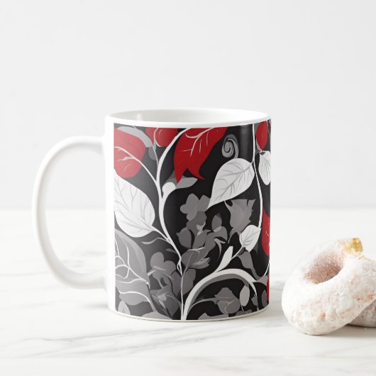 Elegant rood en zwart blad ontwerp koffiemok (Met donut)