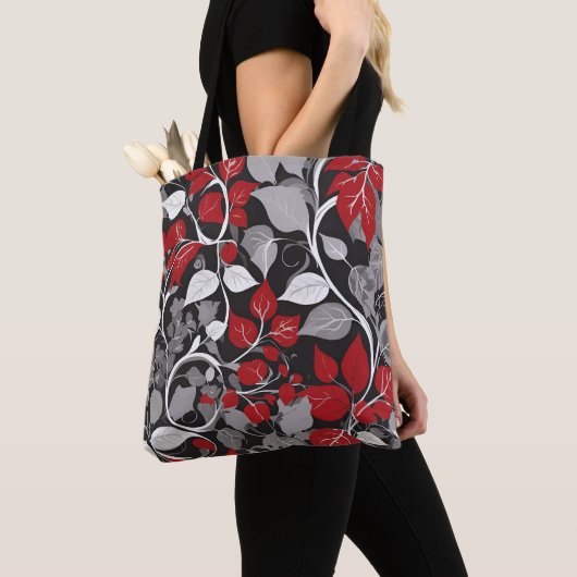 Elegant rood en zwart blad ontwerp tote bag (Dichtbij)