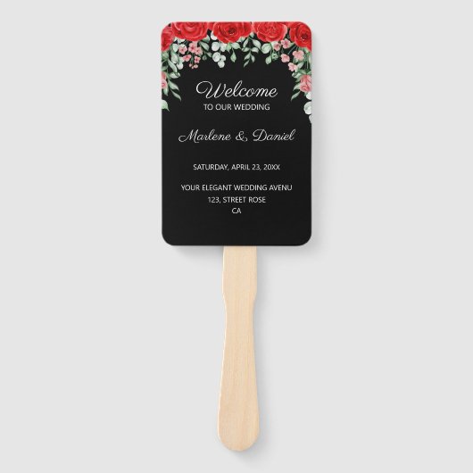 Elegant rood en zwart bloementrouwprogramma handwaaier (Voorkant)