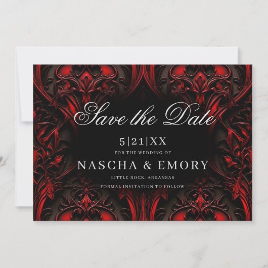 Elegant rood en zwart gotisch damast bruiloft save the date (Voorkant)