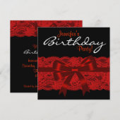 Elegant rood en zwart kant verjaardagsfeestje kaart (Voorkant / Achterkant)