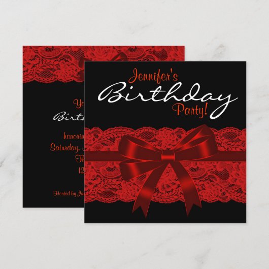 Elegant rood en zwart kant verjaardagsfeestje kaart (Voorkant / Achterkant)