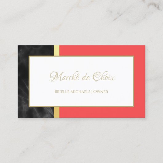 Elegant Rood en Zwart Marmer Goud Script Boutique Visitekaartje (Voorkant)