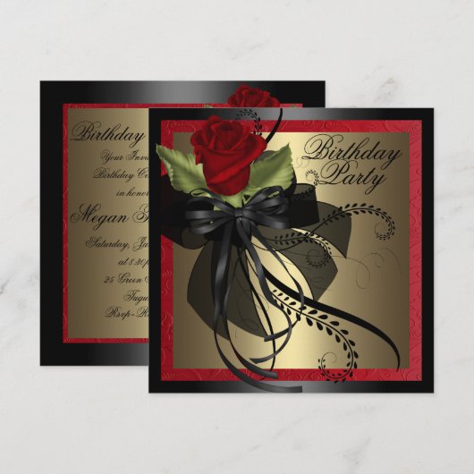 Elegant rood en zwart Roos verjaardagsuitnodiging Kaart (Voorkant / Achterkant)