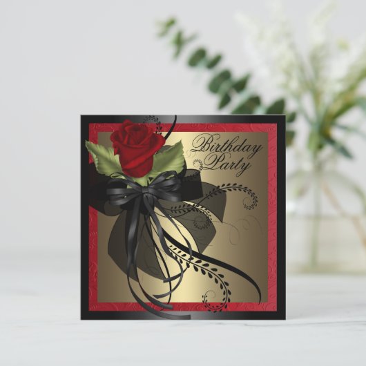 Elegant rood en zwart Roos verjaardagsuitnodiging Kaart (Staand voorkant)