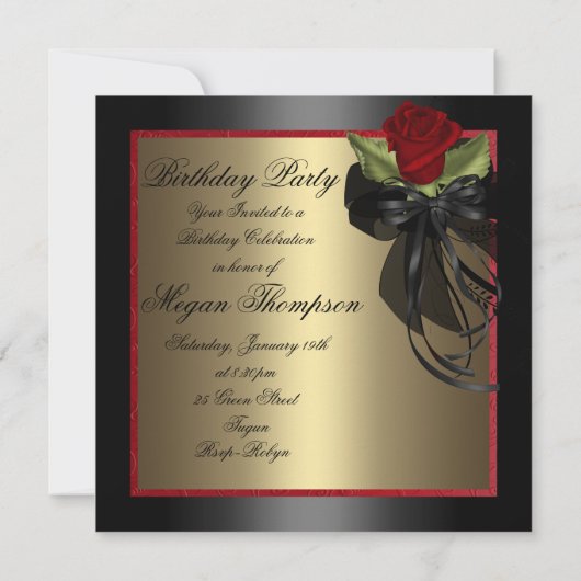 Elegant rood en zwart Roos verjaardagsuitnodiging Kaart (Achterkant)