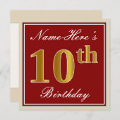 Elegant, rood, Faux Gold 10e verjaardag; Naam op m Kaart (Voorkant / Achterkant)
