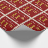 Elegant, rood, Faux Gold 11e verjaardag; Naam op m Cadeaupapier (Hoek)