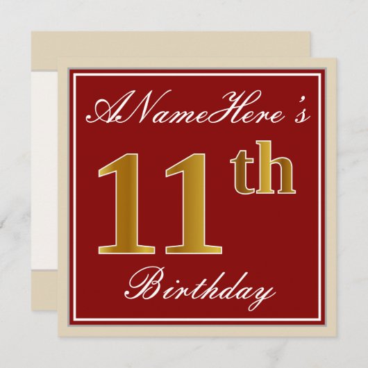 Elegant, rood, Faux Gold 11e verjaardag; Naam op m Kaart (Voorkant / Achterkant)