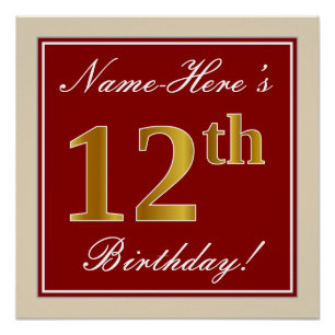 Elegant, rood, Faux Gold 12e verjaardag; Naam op m Poster