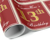 Elegant, rood, Faux Gold 13th Birthday; Naam op ma Cadeaupapier (Rol Hoek)