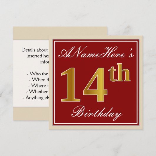 Elegant, rood, Faux Gold 14e verjaardag; Naam op m Kaart (Voorkant / Achterkant)