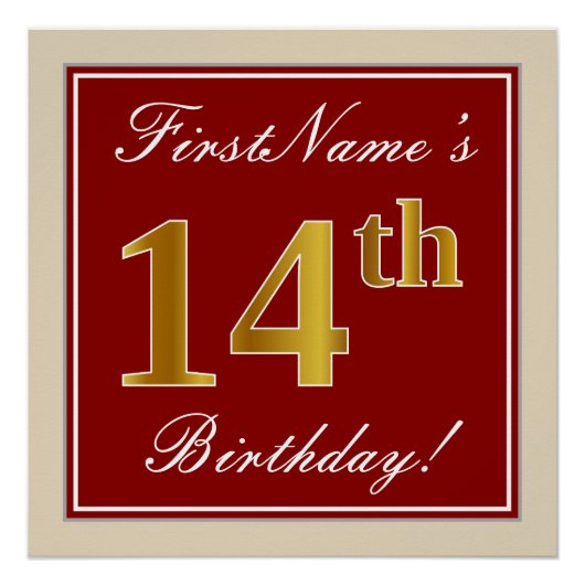 Elegant, rood, Faux Gold 14e verjaardag; Naam op m Perfect Poster (Voorkant)