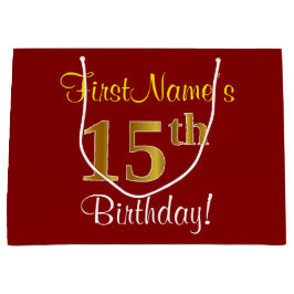 Elegant, rood, Faux Gold 15th Birthday; Naam op ma Large Cadeautasje
