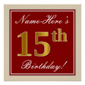 Elegant, rood, Faux Gold 15th Birthday; Naam op ma Poster (Voorkant)