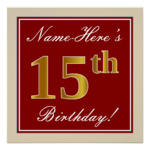 Elegant, rood, Faux Gold 15th Birthday; Naam op ma Poster