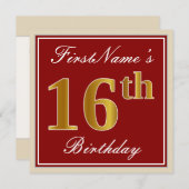 Elegant, rood, Faux Gold 16e verjaardag; Naam op m Kaart (Voorkant / Achterkant)