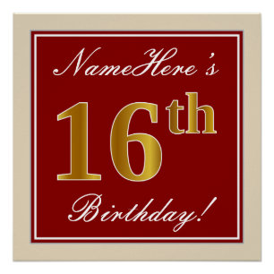 Elegant, rood, Faux Gold 16e verjaardag; Naam op m Poster