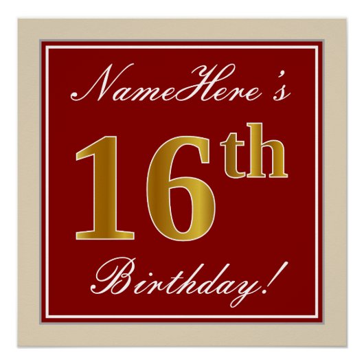 Elegant, rood, Faux Gold 16e verjaardag; Naam op m Poster (Voorkant)