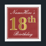 Elegant rood, Faux Gold 18e verjaardag   aangepast Servet<br><div class="desc">Dit eenvoudige en elegante papieren servetontwerp heeft een boodschap als "NameHere’s 18th Birthday" (met de "18th" met een faux goudachtige kleur) binnen een rood-gekleurd vierkant met een eenvoudige omtrek. De naam is in een wit-gekleurde script-achtige tekst, en kan worden gepersonaliseerd. Servetten als deze kunnen misschien worden gebruikt op een verjaardagsfeestje...</div>