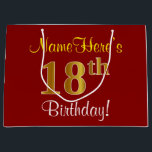 Elegant, rood, Faux Gold 18th Birthday; Naam op ma Large Cadeautasje<br><div class="desc">Dit eenvoudige, elegante verjaardagsgeschenktasontwerp heeft een gepersonaliseerde boodschap zoals "NameHere’s 18th Birthday!" (met de "18th" met een faux/imitatie goudachtige kleurlook) op een rood gekleurde achtergrond. De naam is geschreven in geelgekleurde tekst en kan worden aangepast. Een gepersonaliseerde verjaardagscadeauzak als deze kan misschien worden gebruikt bij het geven van een cadeau...</div>