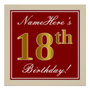 Elegant, rood, Faux Gold 18th Birthday; Naam op ma Poster