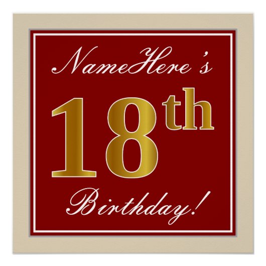 Elegant, rood, Faux Gold 18th Birthday; Naam op ma Poster (Voorkant)