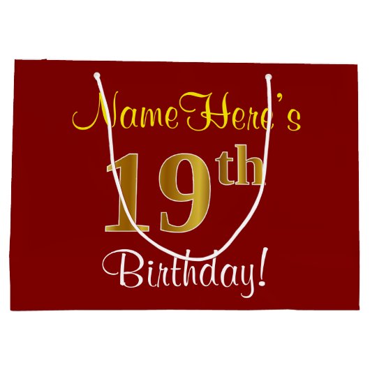 Elegant, rood, Faux Gold 19e verjaardag; Naam op m Groot Cadeauzakje (Achterkant)