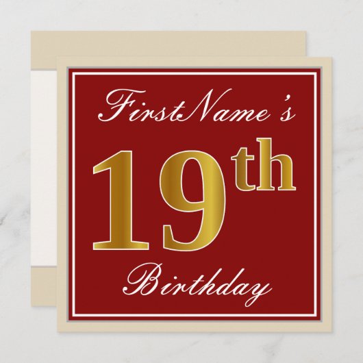 Elegant, rood, Faux Gold 19e verjaardag; Naam op m Kaart (Voorkant / Achterkant)