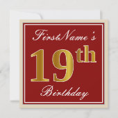 Elegant, rood, Faux Gold 19e verjaardag; Naam op m Kaart (Voorkant)