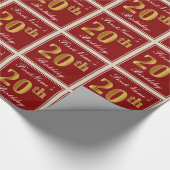 Elegant, rood, Faux Gold 20th Birthday; Naam op ma Cadeaupapier (Hoek)