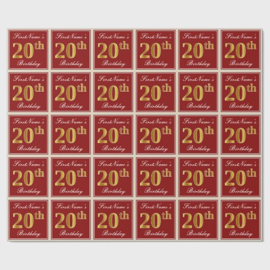 Elegant, rood, Faux Gold 20th Birthday; Naam op ma Cadeaupapier (Vlak)