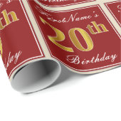 Elegant, rood, Faux Gold 20th Birthday; Naam op ma Cadeaupapier (Rol Hoek)