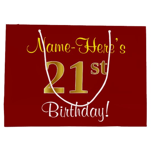 Elegant, rood, Faux Gold 21st verjaardag; Naam op Groot Cadeauzakje (Achterkant)