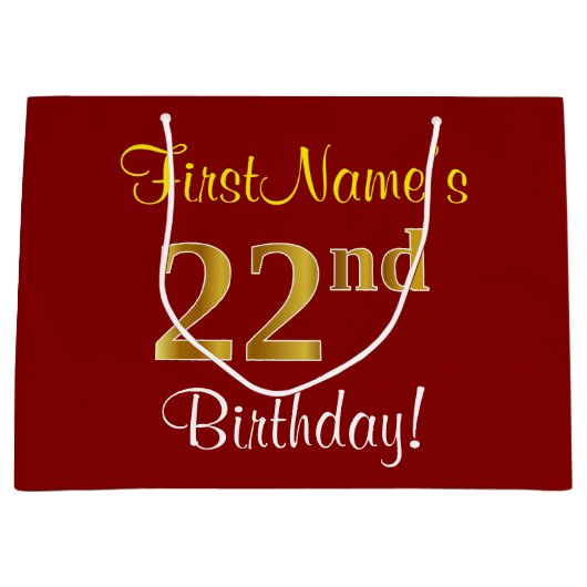 Elegant, rood, Faux Gold 22e verjaardag; Naam op m Groot Cadeauzakje (Voorkant)