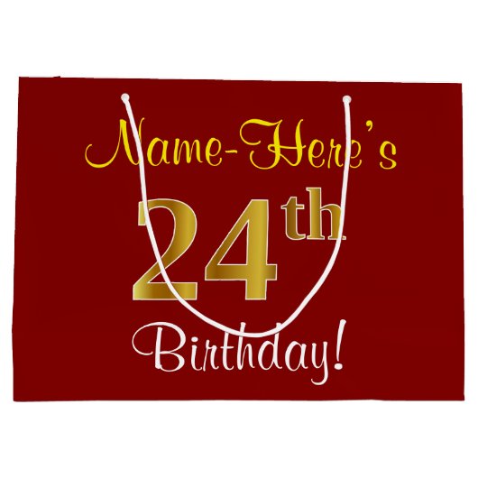 Elegant, rood, Faux Gold 24th Birthday; Naam op ma Groot Cadeauzakje (Achterkant)