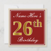 Elegant, rood, Faux Gold 26th Birthday; Naam op ma Kaart (Voorkant)