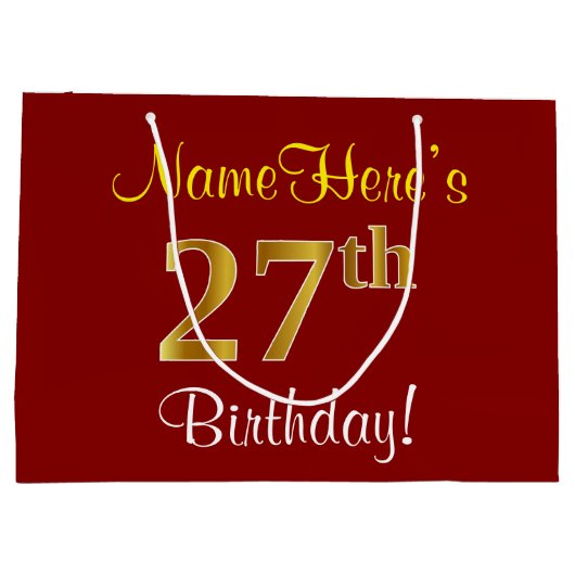 Elegant, rood, Faux Gold 27th Birthday; Naam op ma Groot Cadeauzakje (Achterkant)