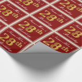 Elegant, rood, Faux Gold 28th Birthday; Naam op ma Cadeaupapier (Hoek)