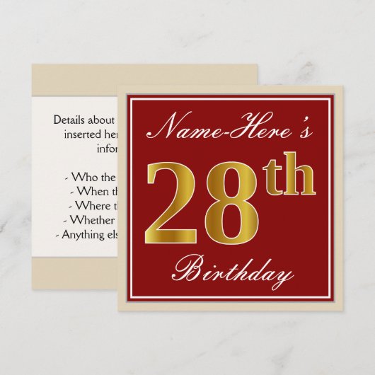 Elegant, rood, Faux Gold 28th Birthday; Naam op ma Kaart (Voorkant / Achterkant)