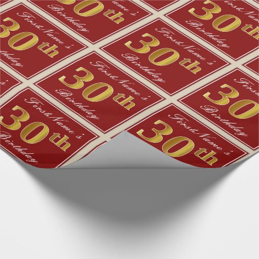 Elegant, rood, Faux Gold 30th Birthday; Naam op ma Cadeaupapier (Hoek)