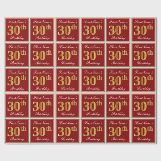 Elegant, rood, Faux Gold 30th Birthday; Naam op ma Cadeaupapier (Vlak)