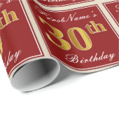 Elegant, rood, Faux Gold 30th Birthday; Naam op ma Cadeaupapier (Rol Hoek)