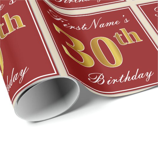 Elegant, rood, Faux Gold 30th Birthday; Naam op ma Cadeaupapier (Rol Hoek)