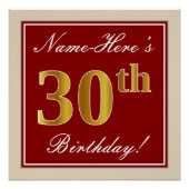 Elegant, rood, Faux Gold 30th Birthday; Naam op ma Poster (Voorkant)